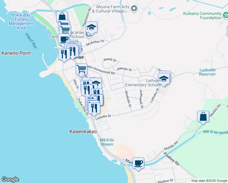 map of restaurants, bars, coffee shops, grocery stores, and more near 86-180 Moelua Street in Waianae
