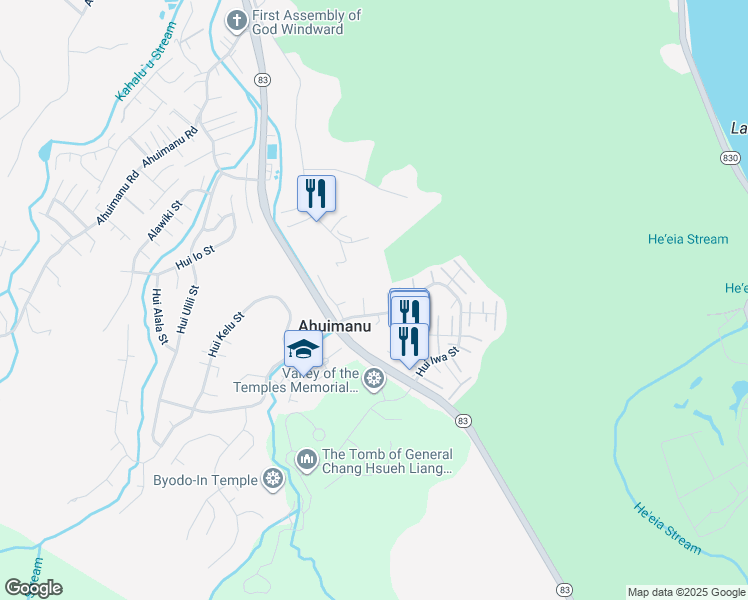map of restaurants, bars, coffee shops, grocery stores, and more near 47407 Hui Iwa Street in Kaneohe