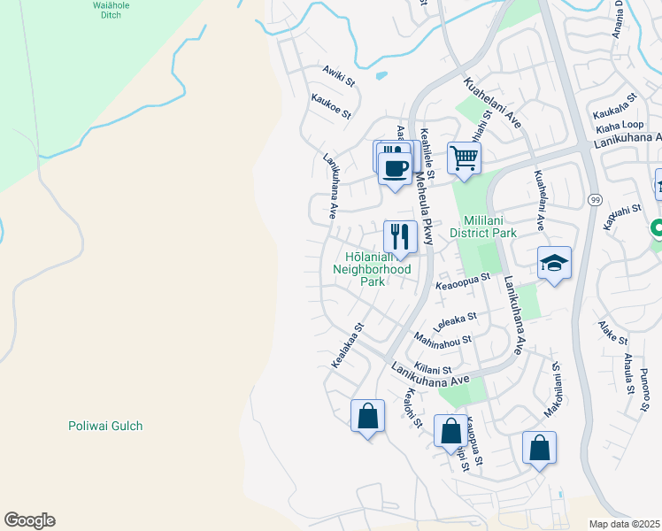 map of restaurants, bars, coffee shops, grocery stores, and more near 94-309 Maiaohe Place in Mililani