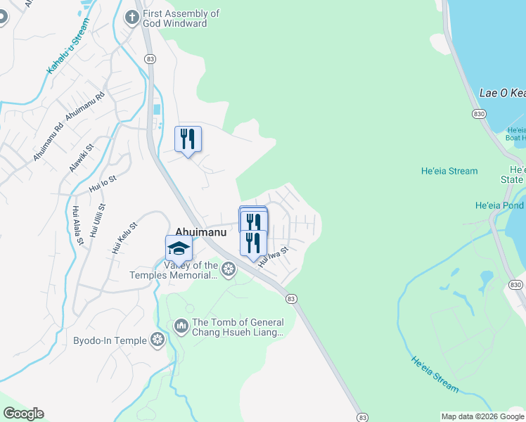 map of restaurants, bars, coffee shops, grocery stores, and more near 47-360 Hui Iwa Street in Ahuimanu