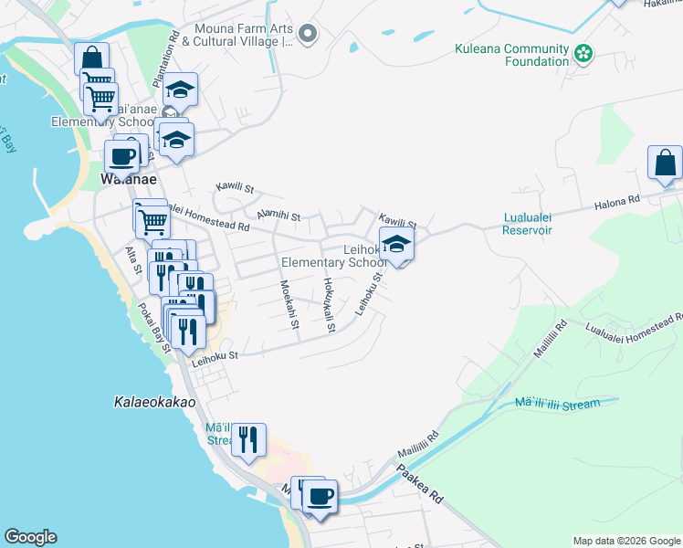 map of restaurants, bars, coffee shops, grocery stores, and more near 86-301 Hokuukali Place in Waianae