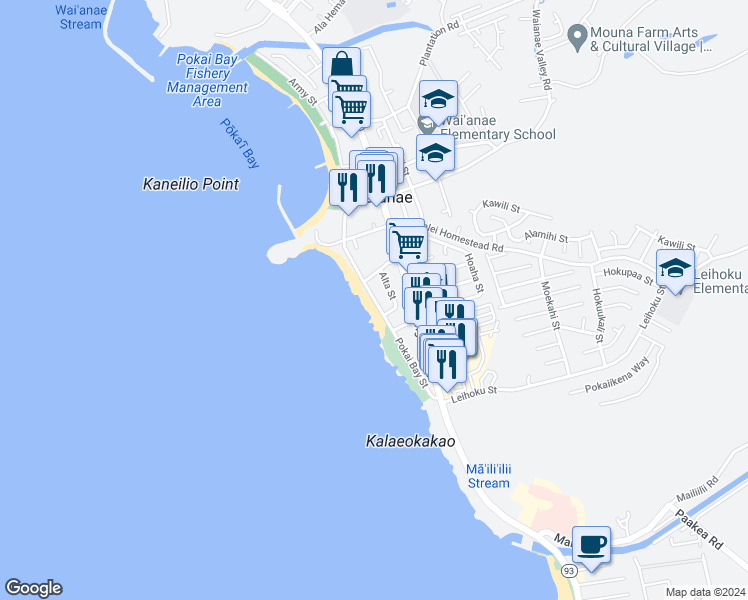map of restaurants, bars, coffee shops, grocery stores, and more near 86-66 Alta Street in Waianae
