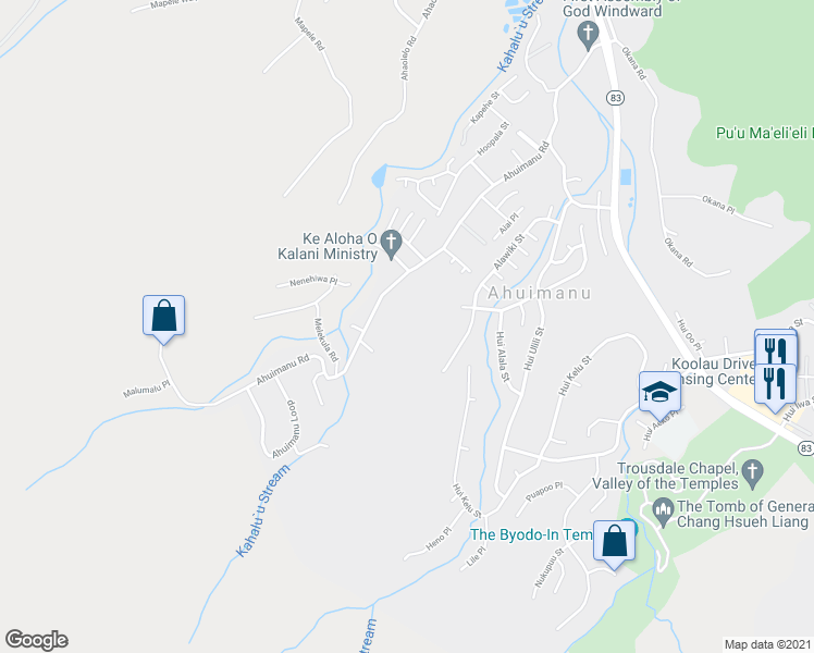 map of restaurants, bars, coffee shops, grocery stores, and more near 47-566 Ahuimanu Road in Kaneohe