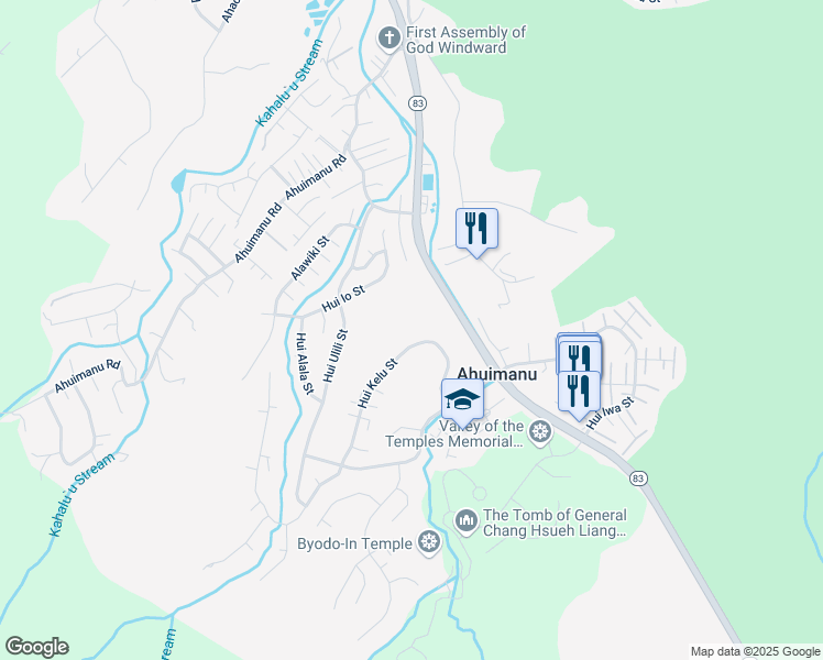 map of restaurants, bars, coffee shops, grocery stores, and more near 47-732 Hui Kelu Street in Kaneohe