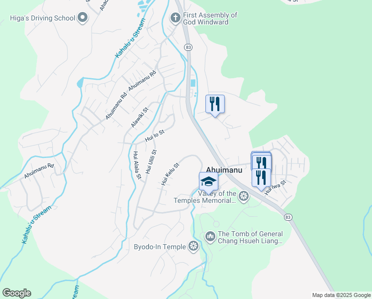 map of restaurants, bars, coffee shops, grocery stores, and more near 47-732 Hui Kelu Street in Kaneohe