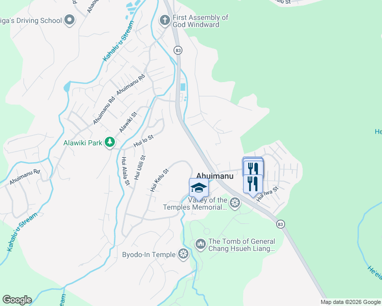 map of restaurants, bars, coffee shops, grocery stores, and more near 47-742 Hui Kelu Street in Kaneohe