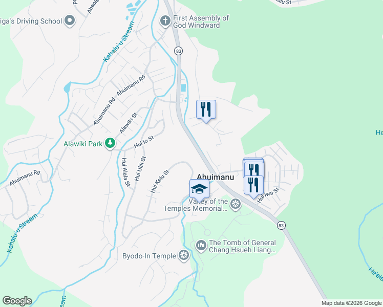 map of restaurants, bars, coffee shops, grocery stores, and more near 47-742 Hui Kelu Street in Kaneohe
