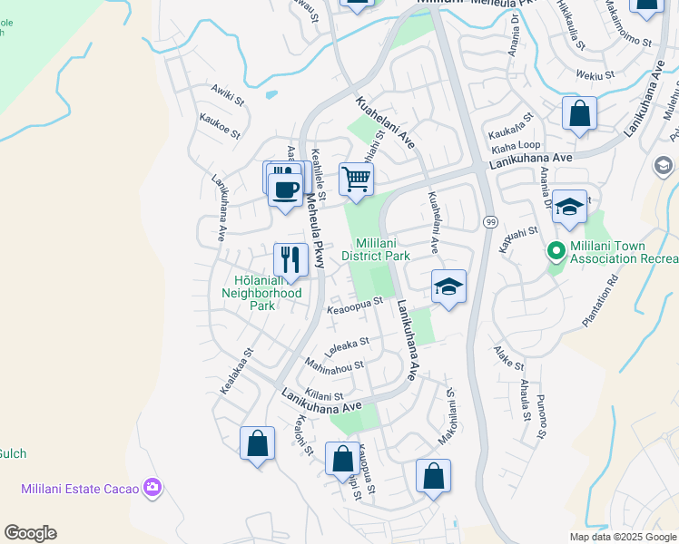 map of restaurants, bars, coffee shops, grocery stores, and more near 94-711 Meheula Parkway in Mililani