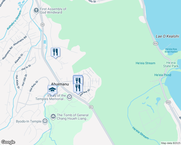map of restaurants, bars, coffee shops, grocery stores, and more near 47-016 Hui Iwa Place in Kaneohe
