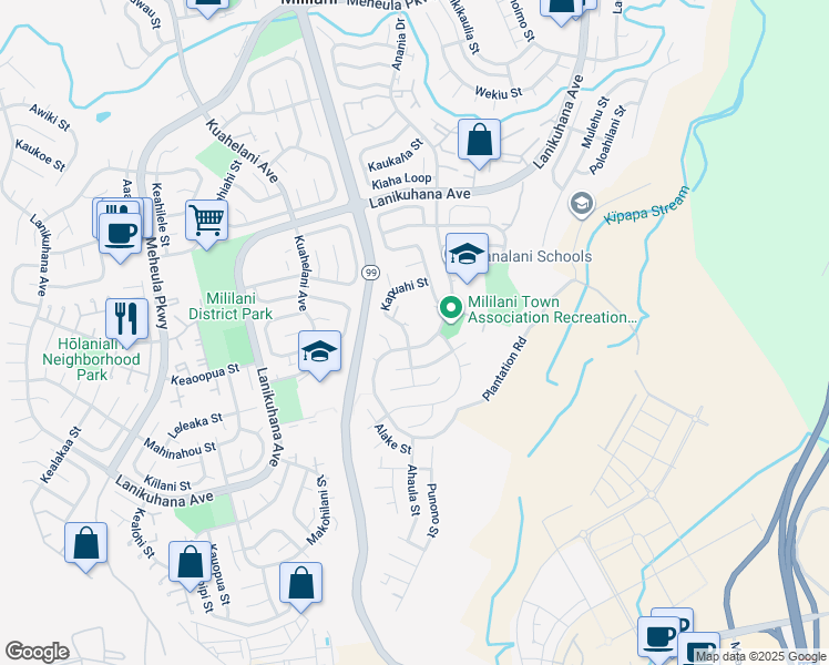 map of restaurants, bars, coffee shops, grocery stores, and more near 94-41033 Kapuahi Street in Mililani