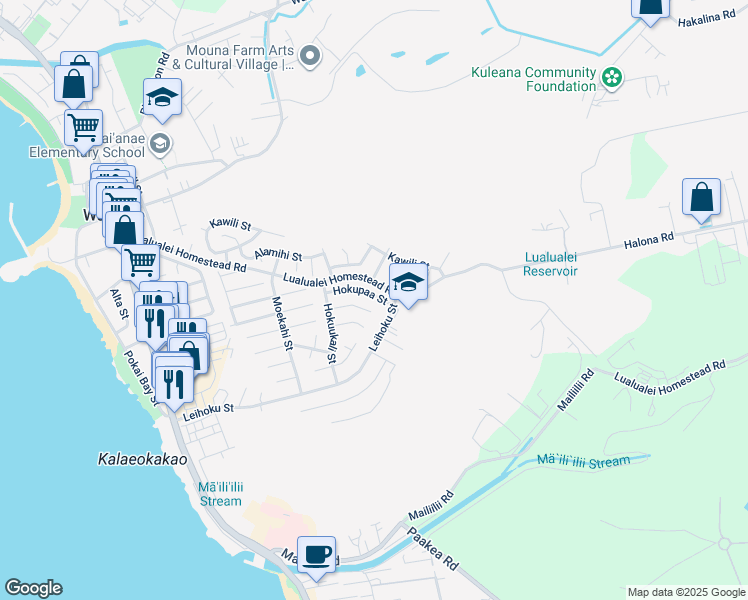 map of restaurants, bars, coffee shops, grocery stores, and more near 86-305 Hokupaa Street in Waianae