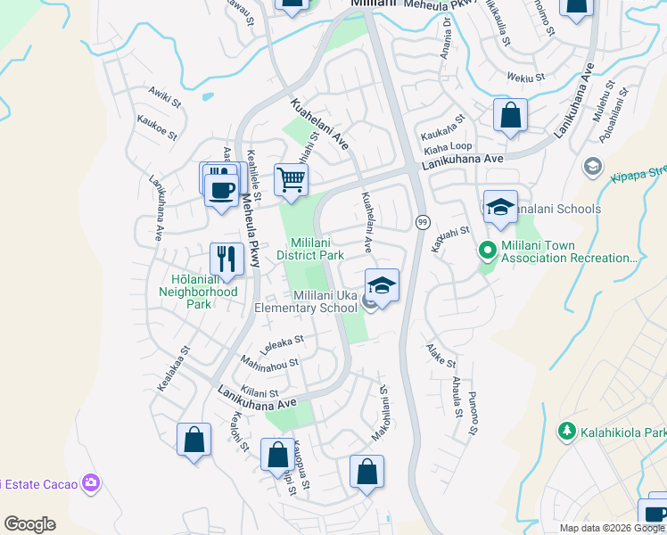 map of restaurants, bars, coffee shops, grocery stores, and more near 94-241 Hokulewa Loop in Mililani