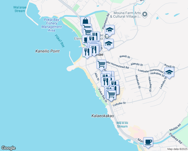 map of restaurants, bars, coffee shops, grocery stores, and more near 86-31 Alta Street in Waianae