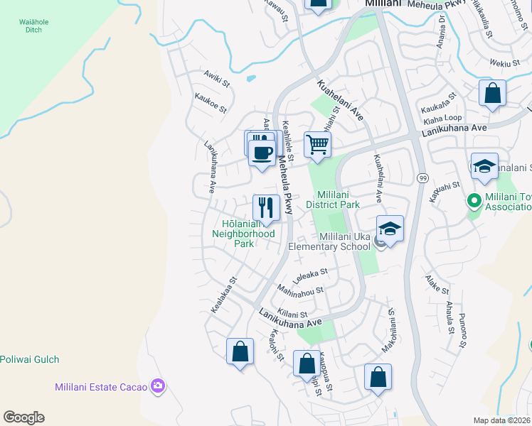 map of restaurants, bars, coffee shops, grocery stores, and more near 94-154 Apele Place in Mililani