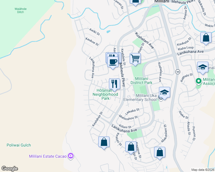 map of restaurants, bars, coffee shops, grocery stores, and more near 94-142 Holanialii Place in Mililani