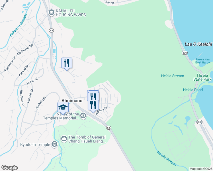map of restaurants, bars, coffee shops, grocery stores, and more near 47-016 Hui Iwa Place in Kaneohe
