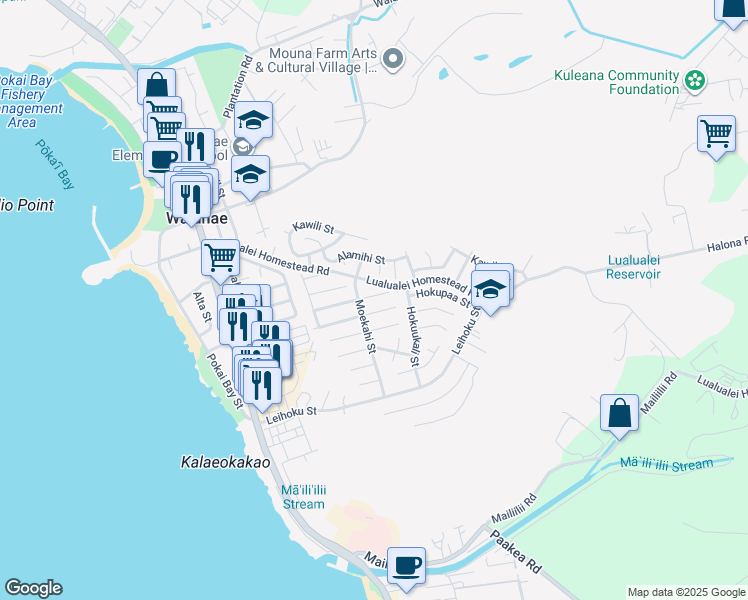 map of restaurants, bars, coffee shops, grocery stores, and more near 86-211 Moeha Street in Waianae