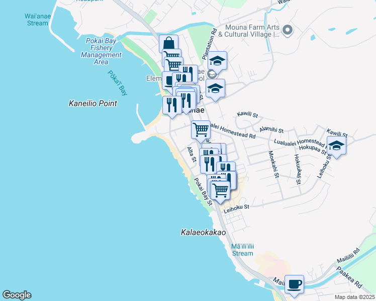 map of restaurants, bars, coffee shops, grocery stores, and more near 86-31 Alta Street in Waianae