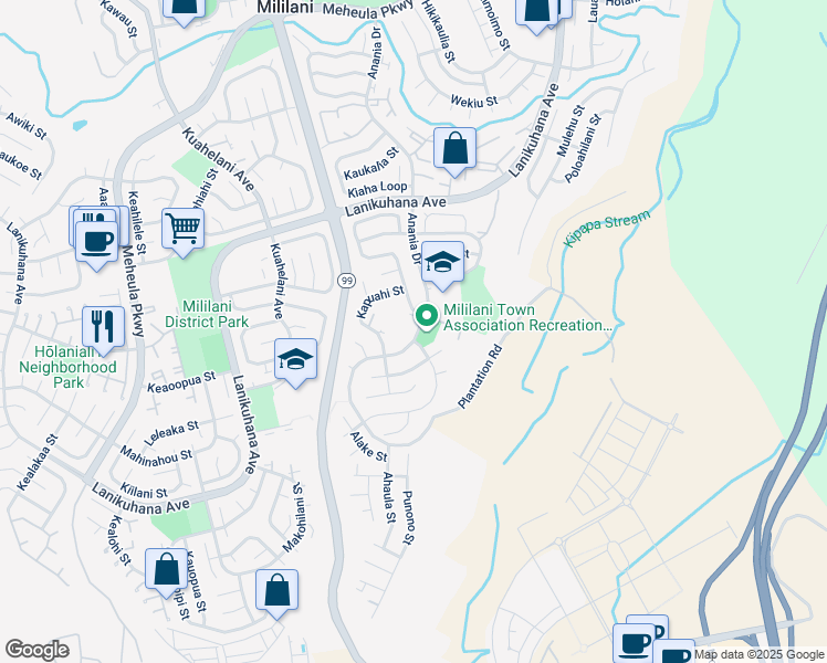 map of restaurants, bars, coffee shops, grocery stores, and more near 94-300 Anania Drive in Mililani