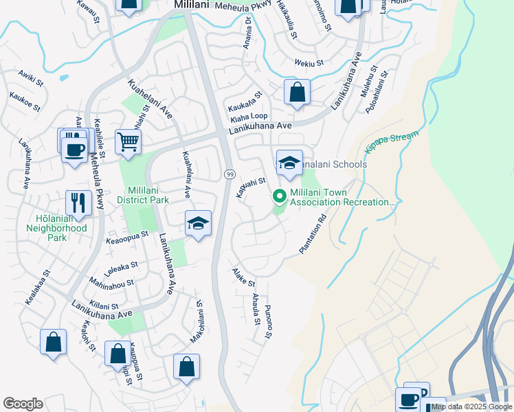 map of restaurants, bars, coffee shops, grocery stores, and more near 94-41033 Kapuahi Street in Mililani