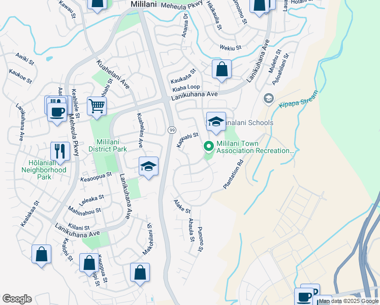 map of restaurants, bars, coffee shops, grocery stores, and more near 94-41033 Kapuahi Street in Mililani