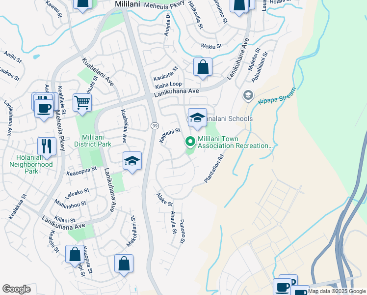 map of restaurants, bars, coffee shops, grocery stores, and more near 94-300 Anania Drive in Mililani