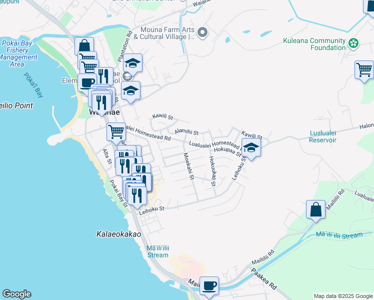 map of restaurants, bars, coffee shops, grocery stores, and more near 86-211 Moeha Street in Waianae
