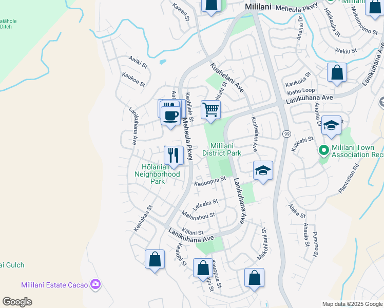 map of restaurants, bars, coffee shops, grocery stores, and more near 94-711 Meheula Parkway in Mililani