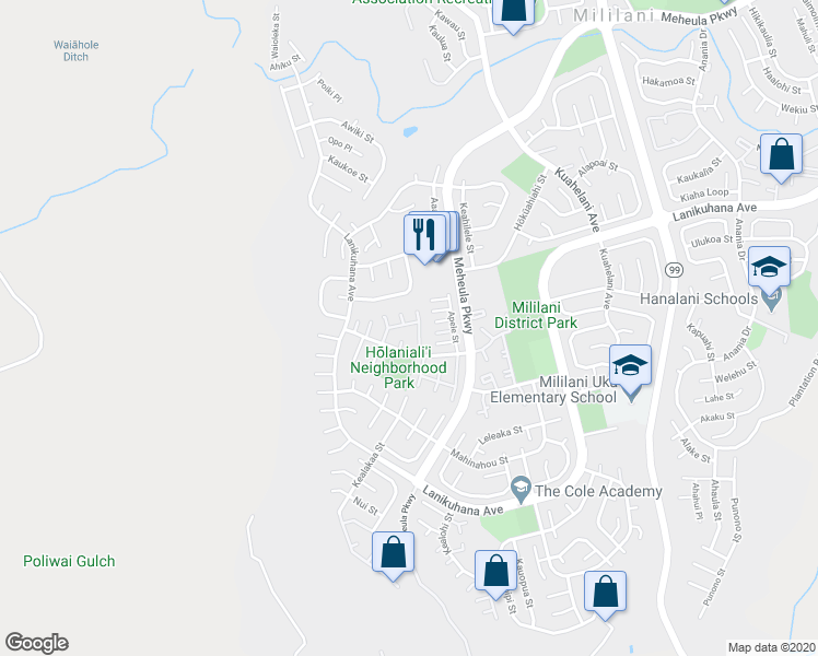 map of restaurants, bars, coffee shops, grocery stores, and more near 94-142 Holanialii Place in Mililani