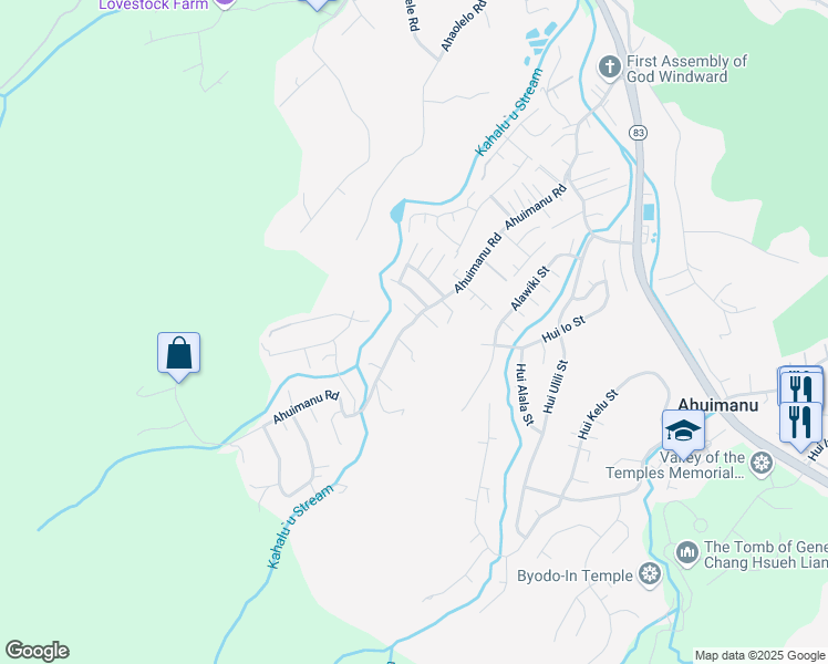 map of restaurants, bars, coffee shops, grocery stores, and more near 47-550 Ahuimanu Road in Kaneohe