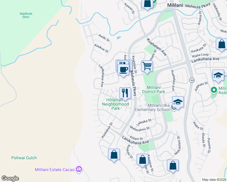 map of restaurants, bars, coffee shops, grocery stores, and more near 94-142 Holanialii Place in Mililani