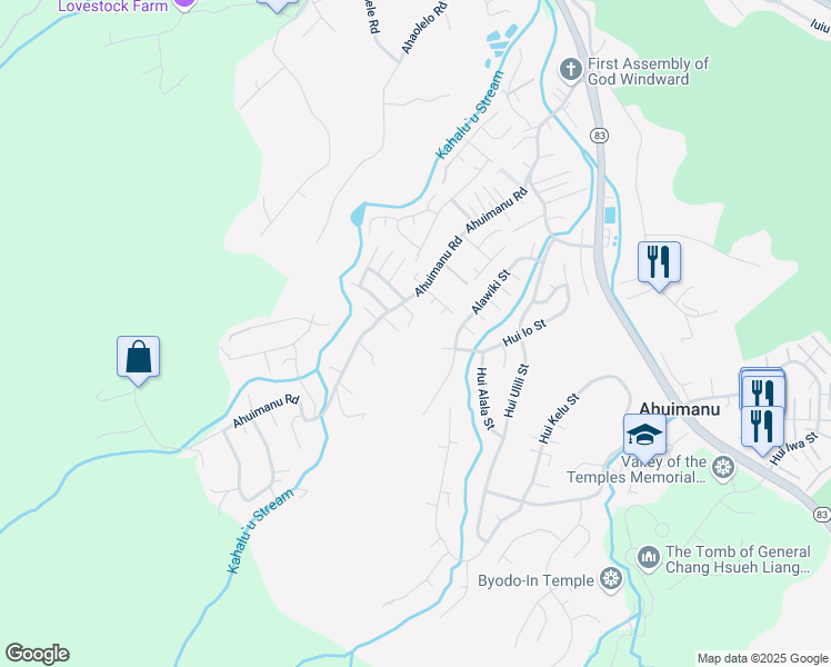 map of restaurants, bars, coffee shops, grocery stores, and more near 47-550 Ahuimanu Road in Kaneohe