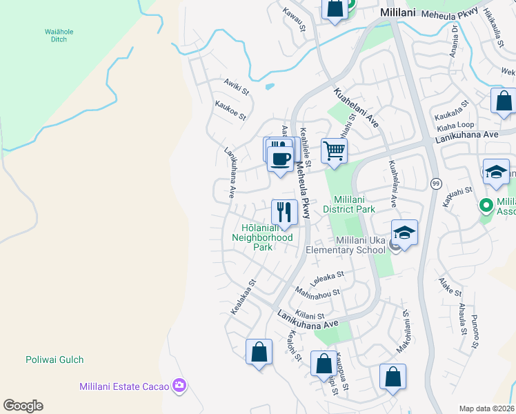 map of restaurants, bars, coffee shops, grocery stores, and more near 94-142 Holanialii Place in Mililani