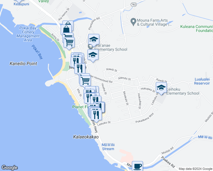 map of restaurants, bars, coffee shops, grocery stores, and more near 86-915 Moelima Street in Waianae