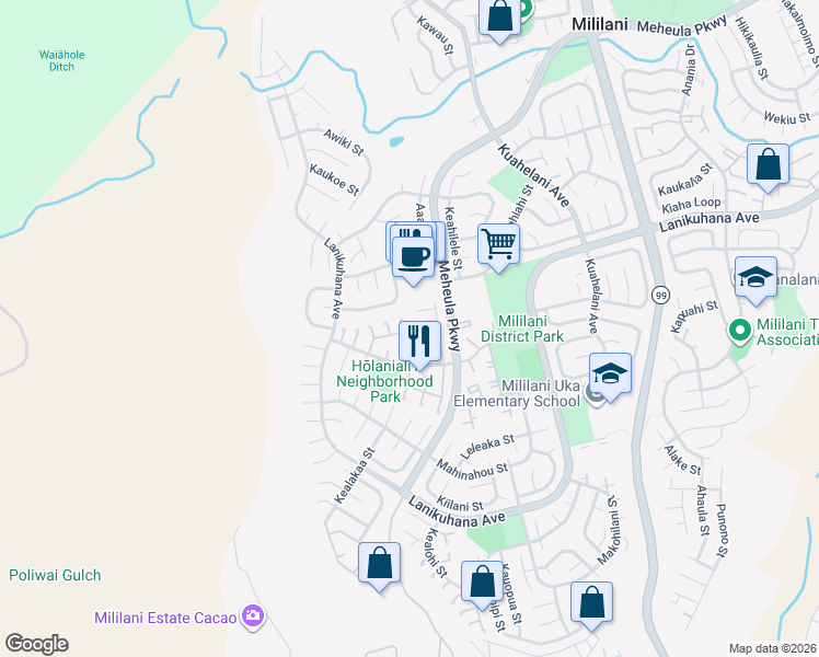 map of restaurants, bars, coffee shops, grocery stores, and more near 94-342 Alula Place in Mililani