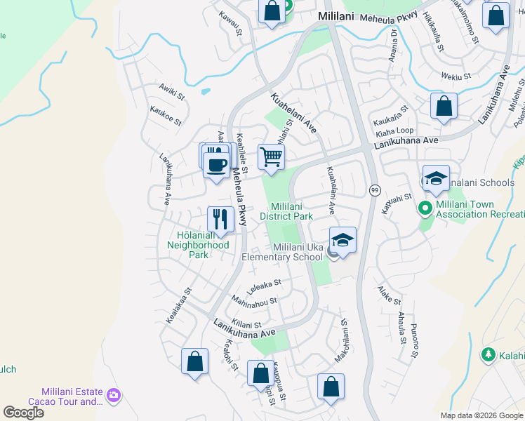 map of restaurants, bars, coffee shops, grocery stores, and more near 94-345 Hōkūahiahi Street in Mililani