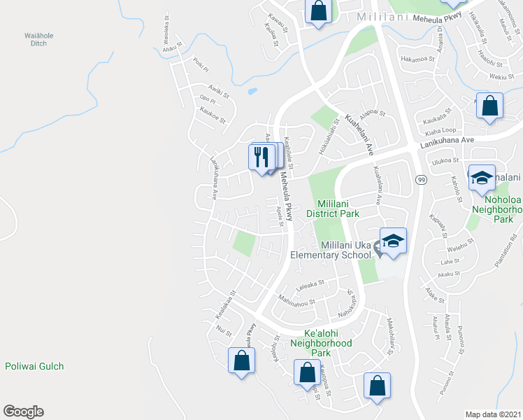 map of restaurants, bars, coffee shops, grocery stores, and more near 94-342 Alula Place in Mililani