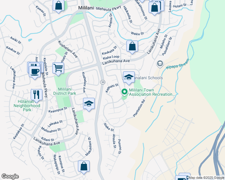 map of restaurants, bars, coffee shops, grocery stores, and more near 94-355 Kapuahi Street in Mililani