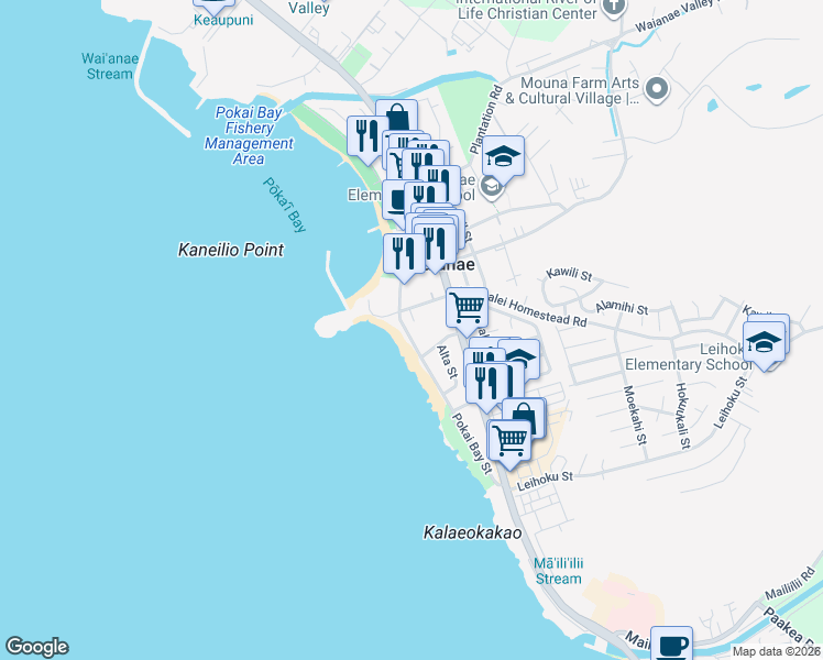 map of restaurants, bars, coffee shops, grocery stores, and more near in Waianae