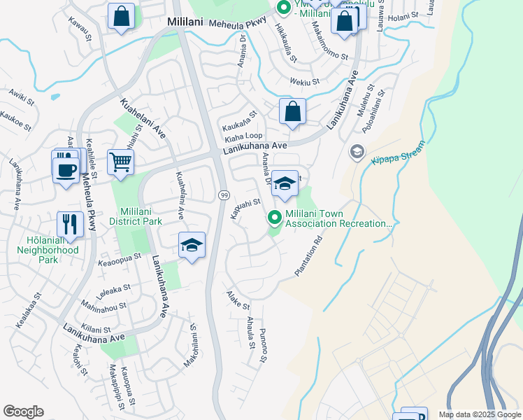 map of restaurants, bars, coffee shops, grocery stores, and more near 94-283 Anania Drive in Mililani