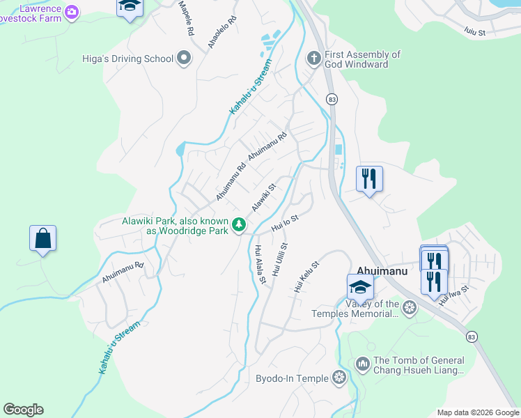 map of restaurants, bars, coffee shops, grocery stores, and more near 47-555 Alawiki Street in Kaneohe
