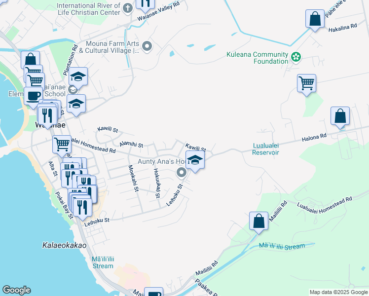 map of restaurants, bars, coffee shops, grocery stores, and more near 86-368 Kawili Street in Waianae