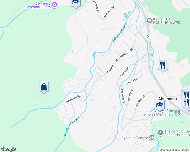 map of restaurants, bars, coffee shops, grocery stores, and more near 47-543C Ahuimanu Road in Kaneohe