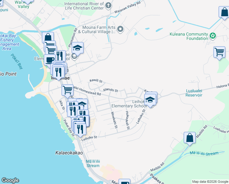 map of restaurants, bars, coffee shops, grocery stores, and more near 86-903 Alamihi Place in Waianae