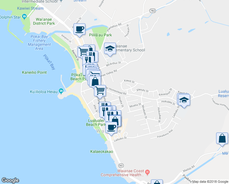map of restaurants, bars, coffee shops, grocery stores, and more near 86-32 Hoaha Street in Waianae