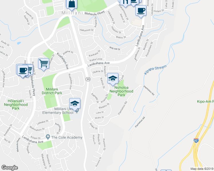 map of restaurants, bars, coffee shops, grocery stores, and more near 94-283 Anania Drive in Mililani