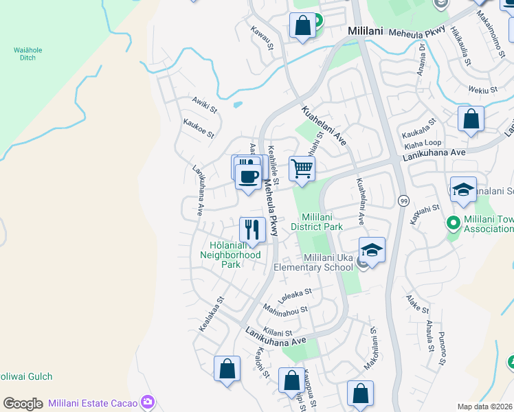 map of restaurants, bars, coffee shops, grocery stores, and more near 94-342 Alula Place in Mililani