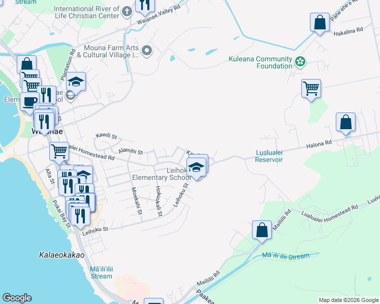 map of restaurants, bars, coffee shops, grocery stores, and more near 86-368 Kawili Street in Waianae