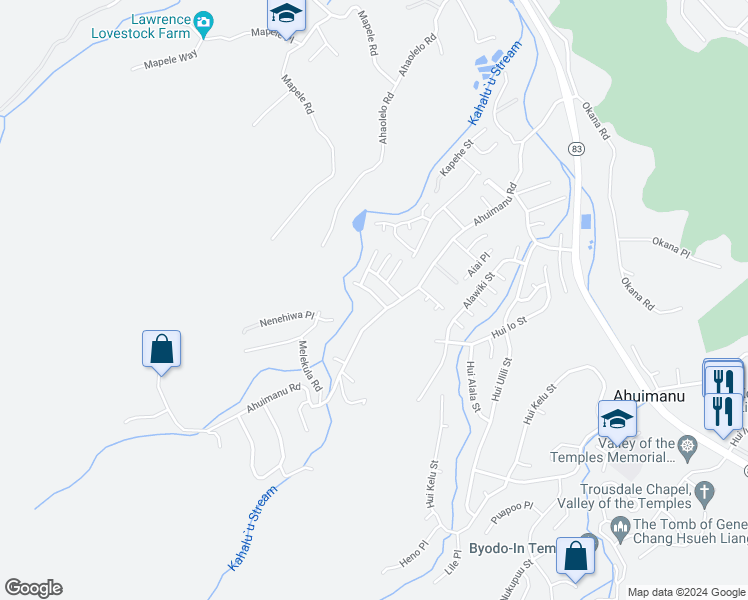 map of restaurants, bars, coffee shops, grocery stores, and more near 47-543C Ahuimanu Road in Kaneohe