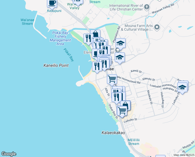 map of restaurants, bars, coffee shops, grocery stores, and more near in Waianae